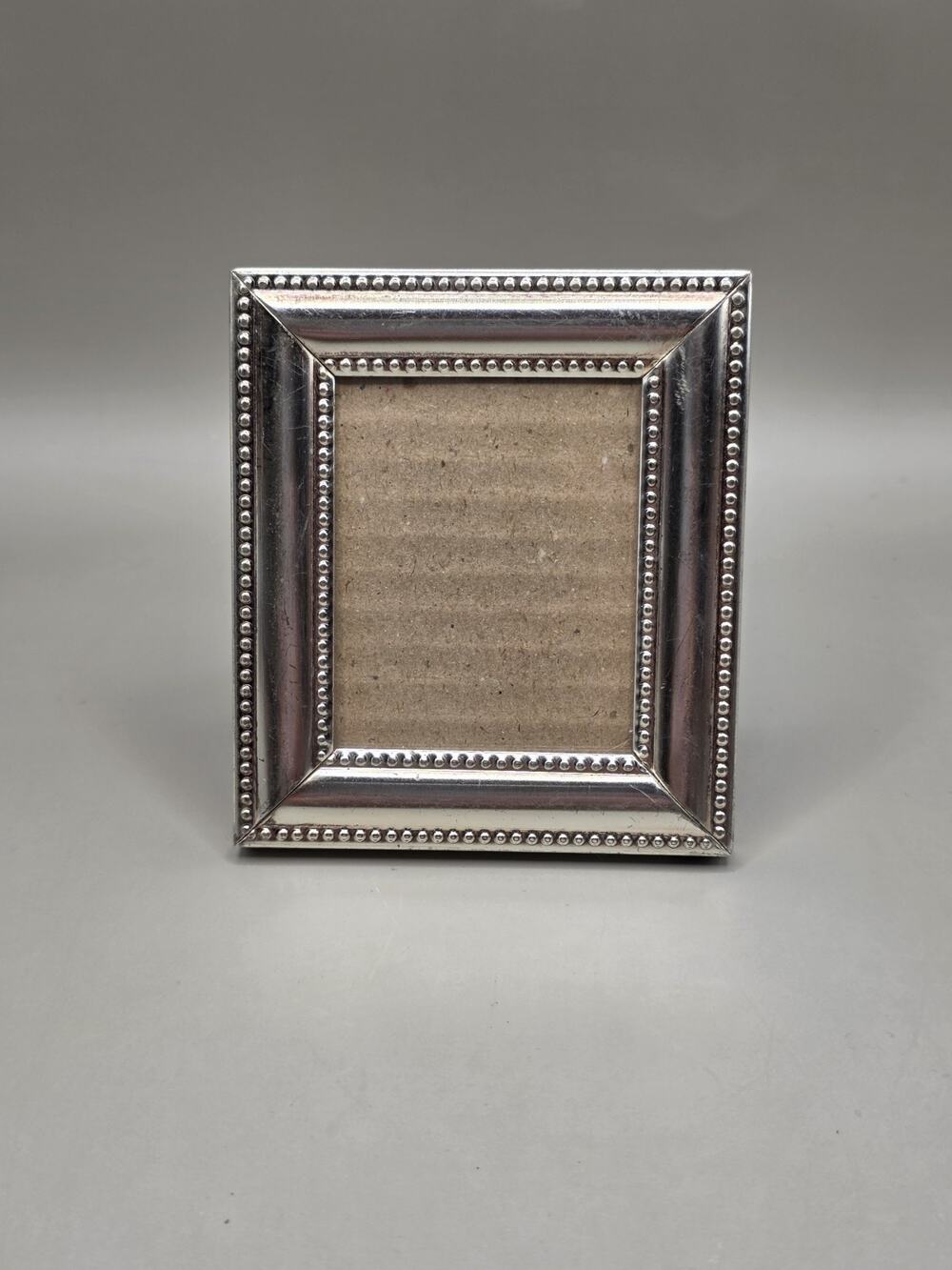 Miniature Silver Tone Photo Frame Beaded Trim Regency Glam Vanity Decor 2"x3"